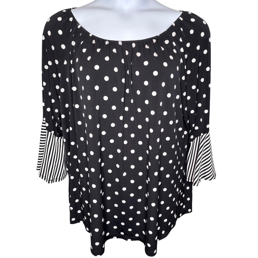 SUSAN GRAVER Black Polka Dot Blouse 1X Bell Sleeve Mixed Media Work-to-Cocktails